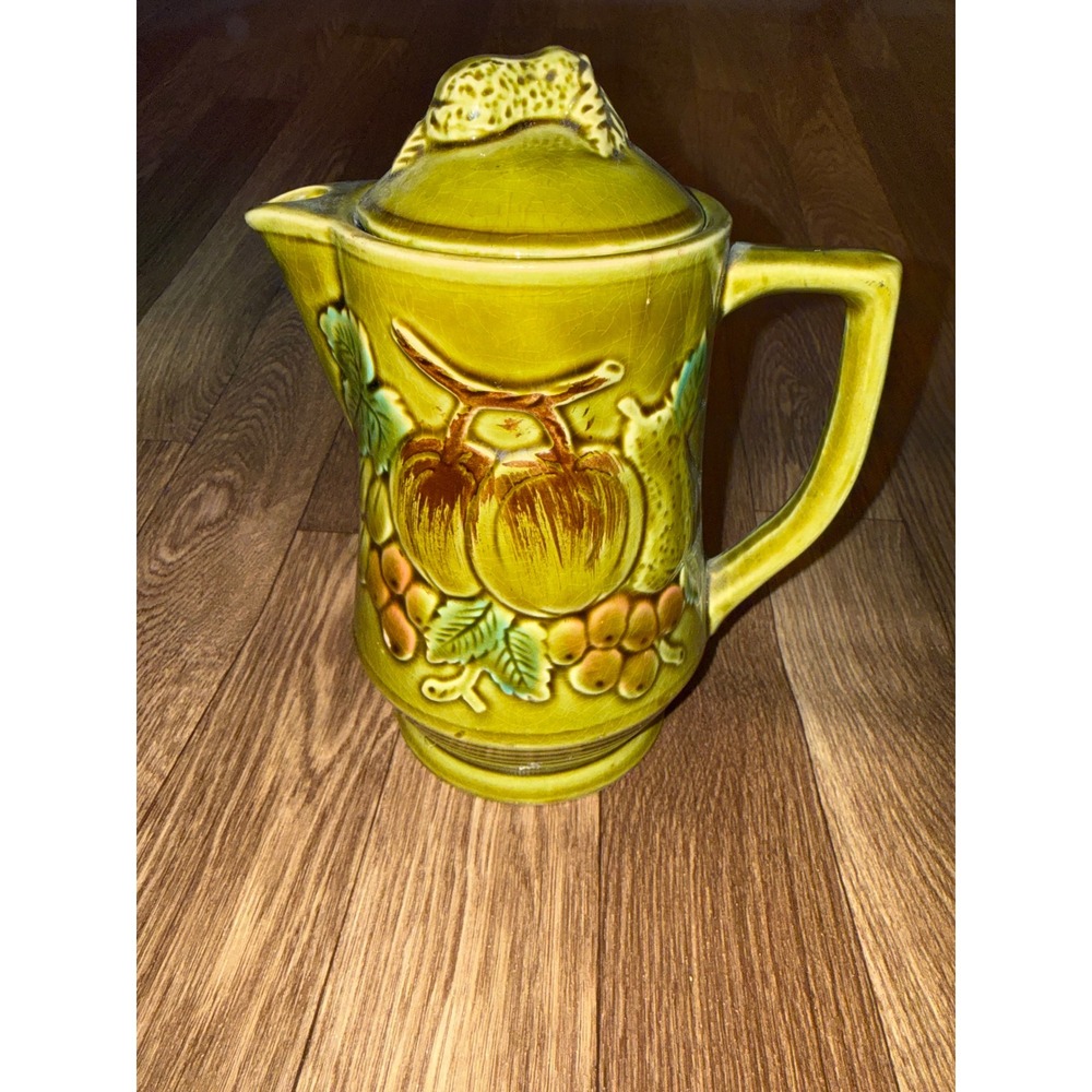 Vintage Olive Green Fruit Relief Ceramic Teapot Pitcher Japan Mid Century 8in